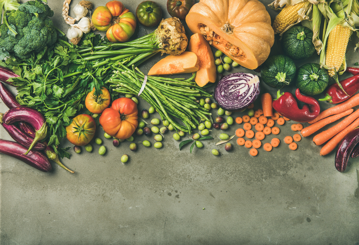 Healthy vegetarian Fall food cooking background with fresh vegetables